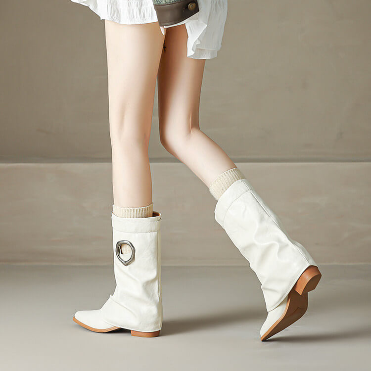 Pointed Toe Cowhide Mid-Calf Boots with Metallic Cut-Out Design Y2758 Boots Y2758