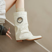 Pointed Toe Cowhide Mid-Calf Boots with Metallic Cut-Out Design Y2758 Boots Y2758