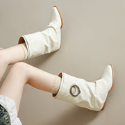 Pointed Toe Cowhide Mid-Calf Boots with Metallic Cut-Out Design Y2758 Boots Y2758