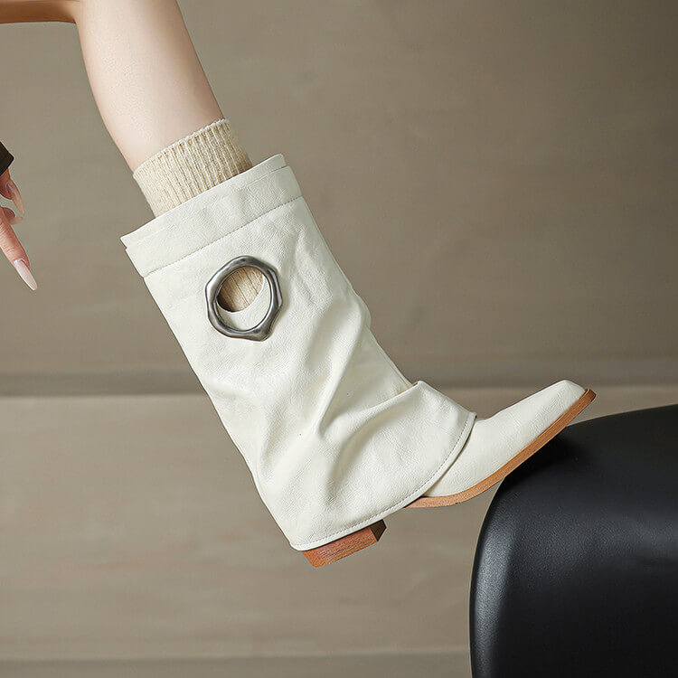 Pointed Toe Cowhide Mid-Calf Boots with Metallic Cut-Out Design Y2758 Boots Y2758