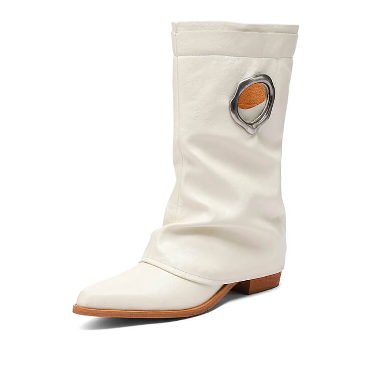 Pointed Toe Cowhide Mid-Calf Boots with Metallic Cut-Out Design Y2758 Boots Y2758 Beige US5/EU34