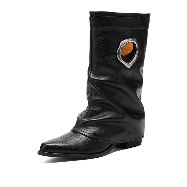 Pointed Toe Cowhide Mid-Calf Boots with Metallic Cut-Out Design Y2758 Boots Y2758 Black US5/EU34