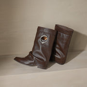 Pointed Toe Cowhide Mid-Calf Boots with Metallic Cut-Out Design Y2758 Boots Y2758