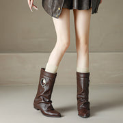Pointed Toe Cowhide Mid-Calf Boots with Metallic Cut-Out Design Y2758 Boots Y2758