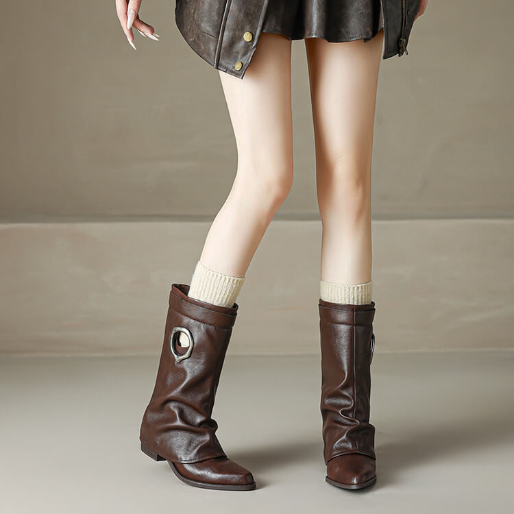 Pointed Toe Cowhide Mid-Calf Boots with Metallic Cut-Out Design Y2758 Boots Y2758