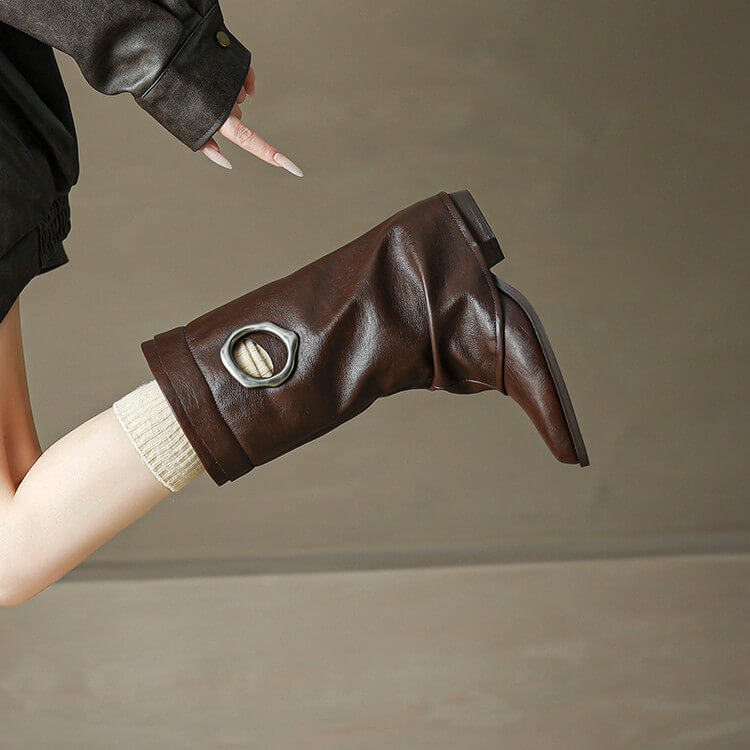 Pointed Toe Cowhide Mid-Calf Boots with Metallic Cut-Out Design Y2758 Boots Y2758