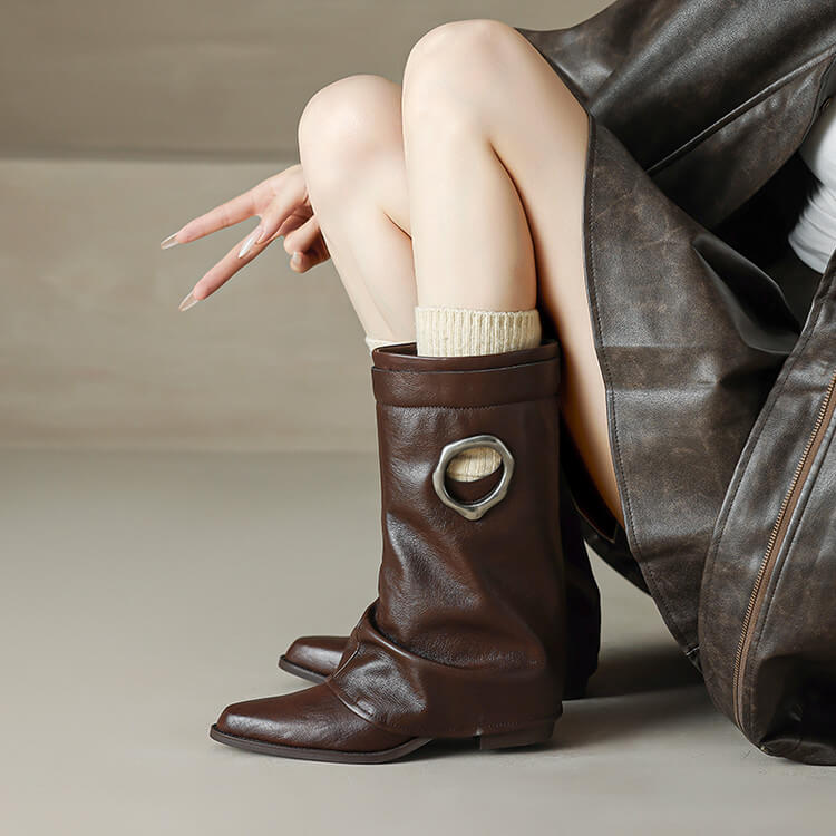 Pointed Toe Cowhide Mid-Calf Boots with Metallic Cut-Out Design Y2758 Boots Y2758