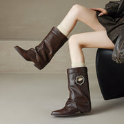 Pointed Toe Cowhide Mid-Calf Boots with Metallic Cut-Out Design Y2758 Boots Y2758