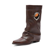Pointed Toe Cowhide Mid-Calf Boots with Metallic Cut-Out Design Y2758 Boots Y2758 Brown US5/EU34
