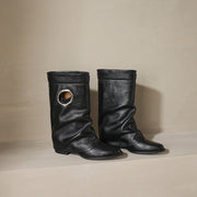 Pointed Toe Cowhide Mid-Calf Boots with Metallic Cut-Out Design Y2758 Boots Y2758