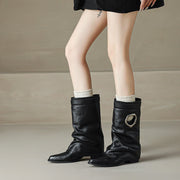 Pointed Toe Cowhide Mid-Calf Boots with Metallic Cut-Out Design Y2758 Boots Y2758