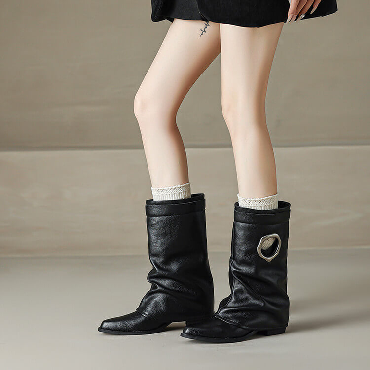 Pointed Toe Cowhide Mid-Calf Boots with Metallic Cut-Out Design Y2758 Boots Y2758
