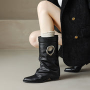 Pointed Toe Cowhide Mid-Calf Boots with Metallic Cut-Out Design Y2758 Boots Y2758