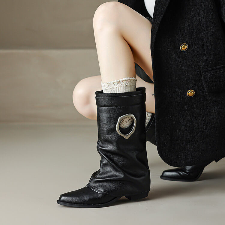 Pointed Toe Cowhide Mid-Calf Boots with Metallic Cut-Out Design Y2758 Boots Y2758