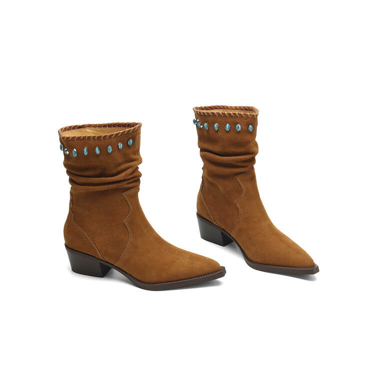 Women's Suede Western Short Boots – Slip-On Ankle Boots Y2745 Boots Y2745