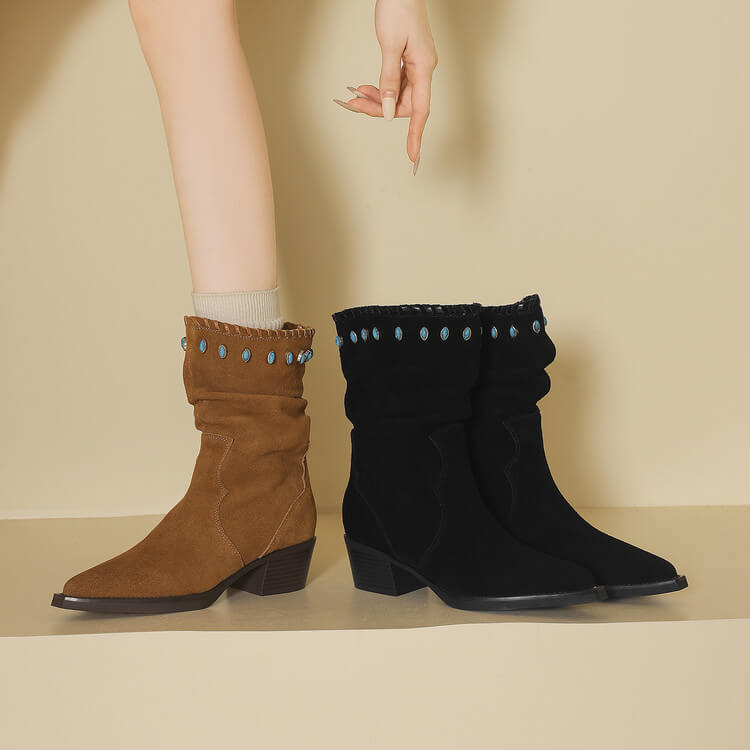 Women's Suede Western Short Boots – Slip-On Ankle Boots Y2745 Boots Y2745