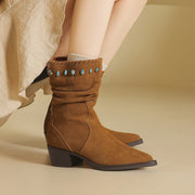 Women's Suede Western Short Boots – Slip-On Ankle Boots Y2745 Boots Y2745