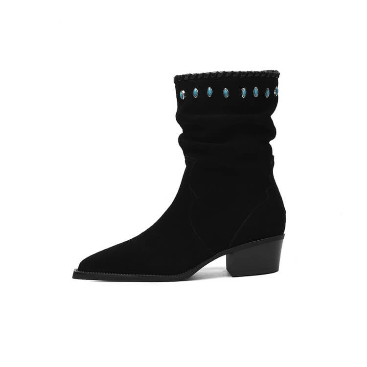 Women's Suede Western Short Boots – Slip-On Ankle Boots Y2745 Boots Y2745