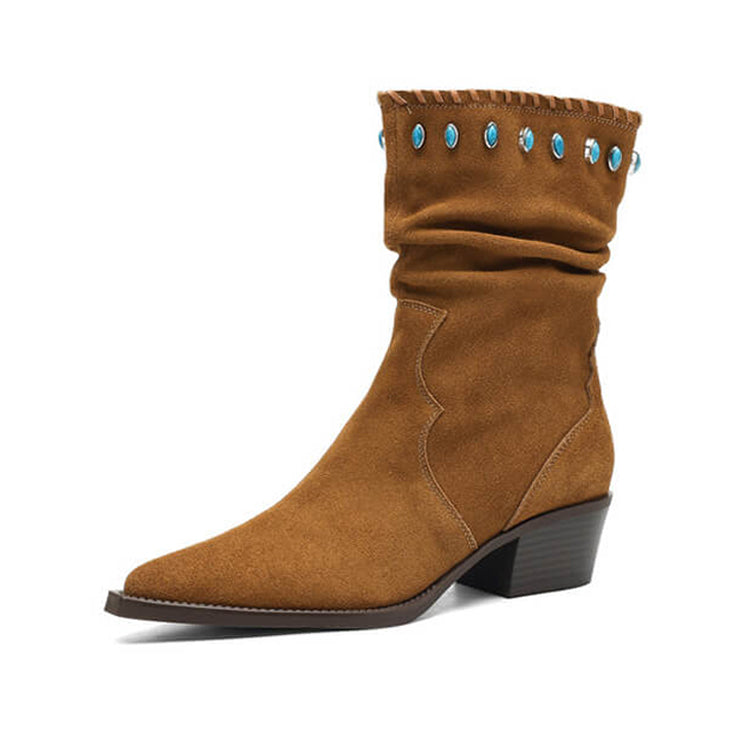 Women's Suede Western Short Boots – Slip-On Ankle Boots Y2745 Boots Y2745 Yellow-brown US5/EU34