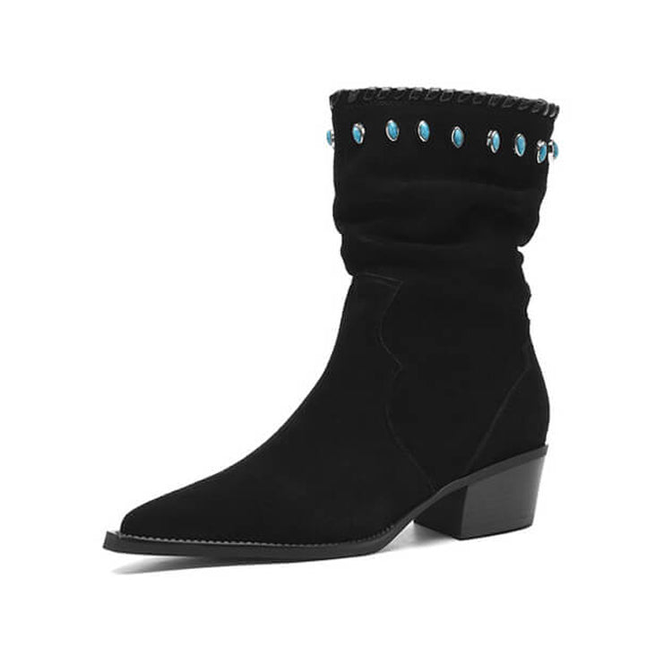 Women's Suede Western Short Boots – Slip-On Ankle Boots Y2745 Boots Y2745 Black US5/EU34
