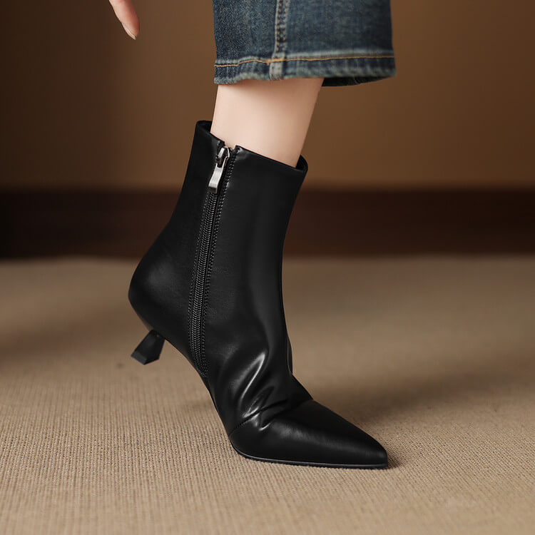Women's Kitten Heel Pointed-Toe Leather Ankle Boots Y2738 Boots Y2738