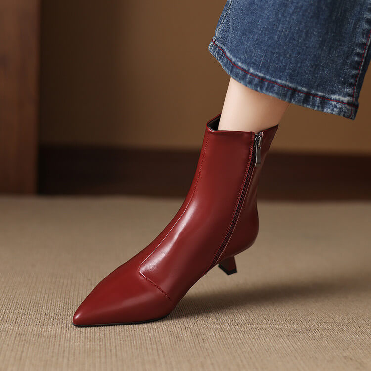 Women's Kitten Heel Pointed-Toe Leather Ankle Boots Y2738 Boots Y2738