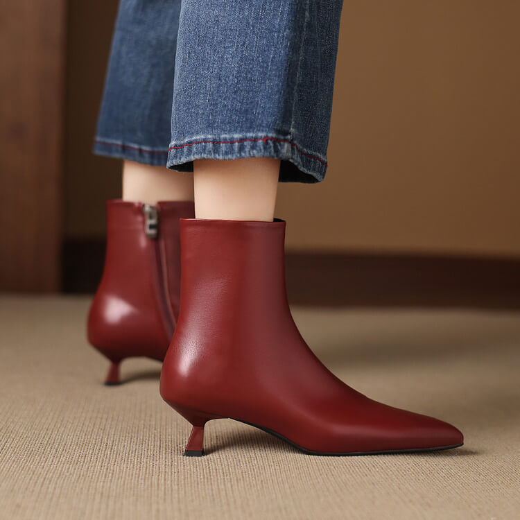 Women's Kitten Heel Pointed-Toe Leather Ankle Boots Y2738 Boots Y2738