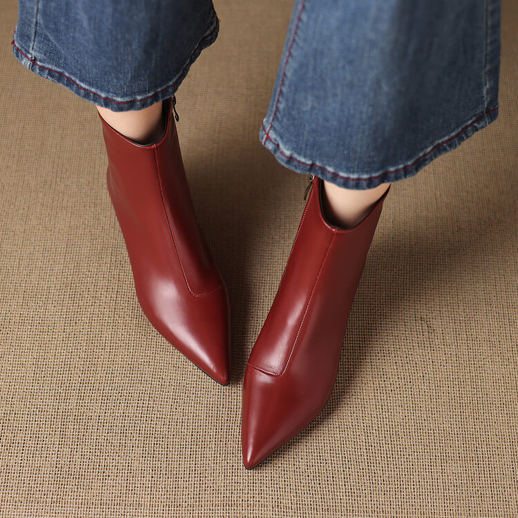 Women's Kitten Heel Pointed-Toe Leather Ankle Boots Y2738 Boots Y2738