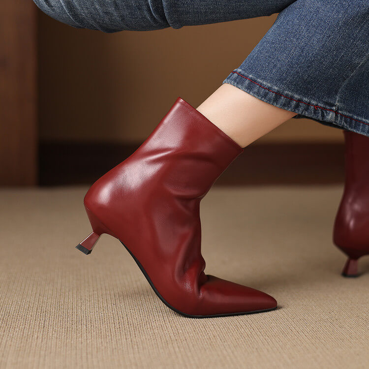 Women's Kitten Heel Pointed-Toe Leather Ankle Boots Y2738 Boots Y2738