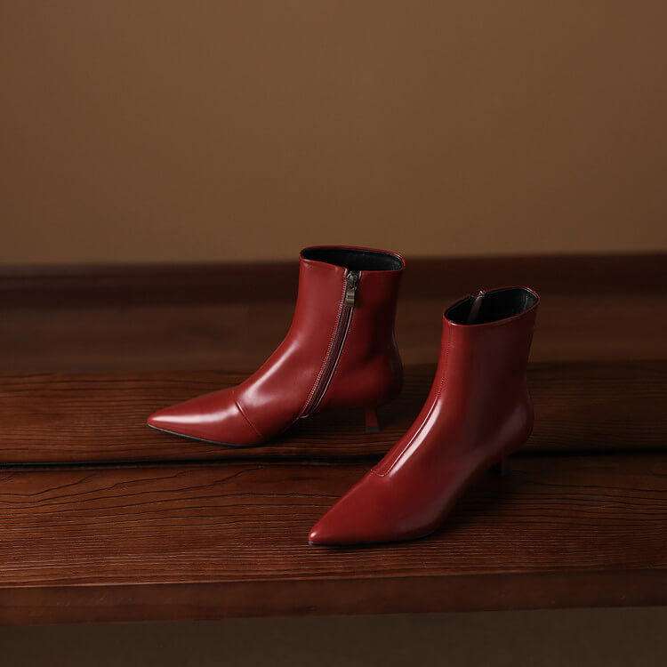 Women's Kitten Heel Pointed-Toe Leather Ankle Boots Y2738 Boots Y2738