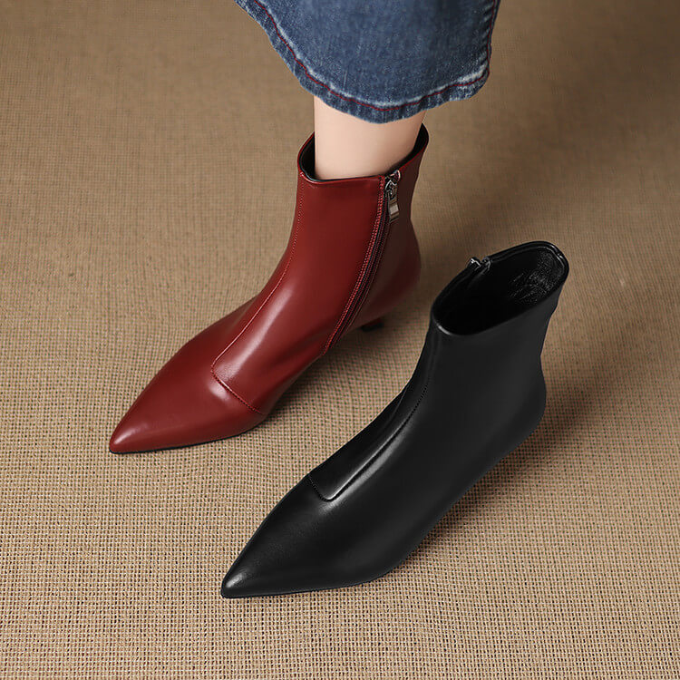 Women's Kitten Heel Pointed-Toe Leather Ankle Boots Y2738 Boots Y2738