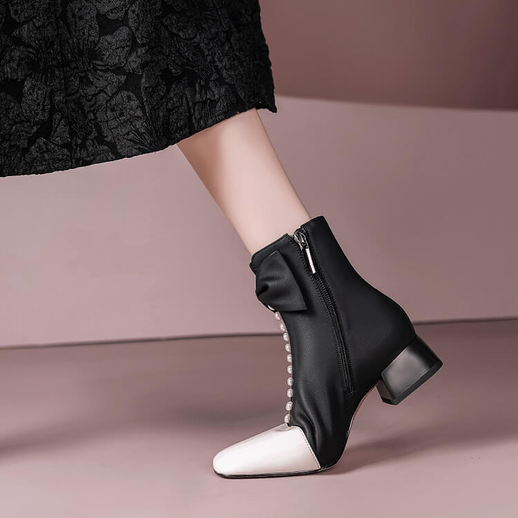 Women's Bow Detai Block Low Heel Ankle Boots Y2739 Boots Y2739