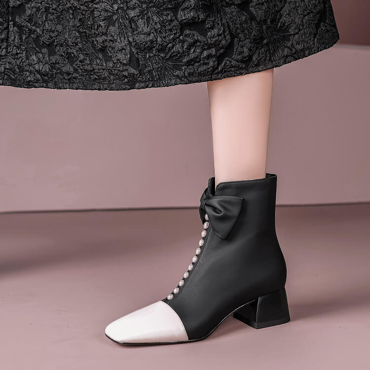 Women's Bow Detai Block Low Heel Ankle Boots Y2739 Boots Y2739