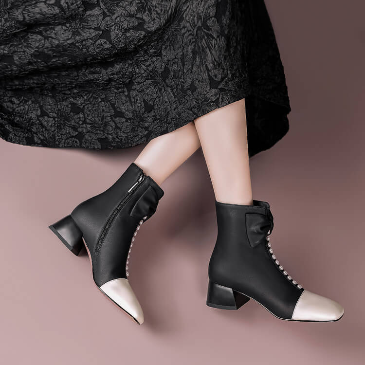 Women's Bow Detai Block Low Heel Ankle Boots Y2739 Boots Y2739