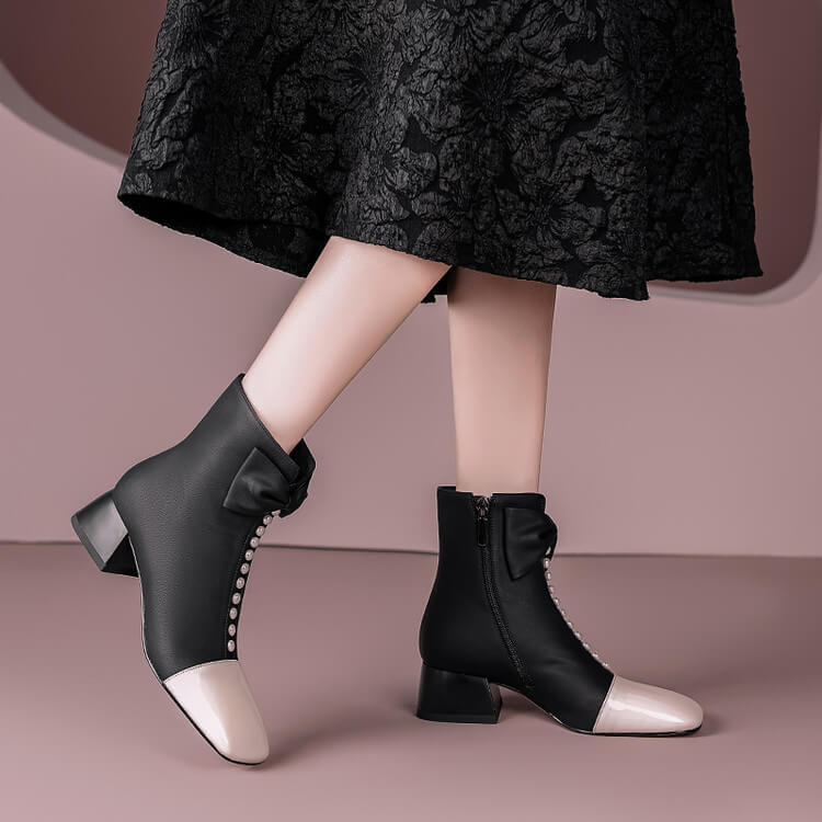 Women's Bow Detai Block Low Heel Ankle Boots Y2739 Boots Y2739
