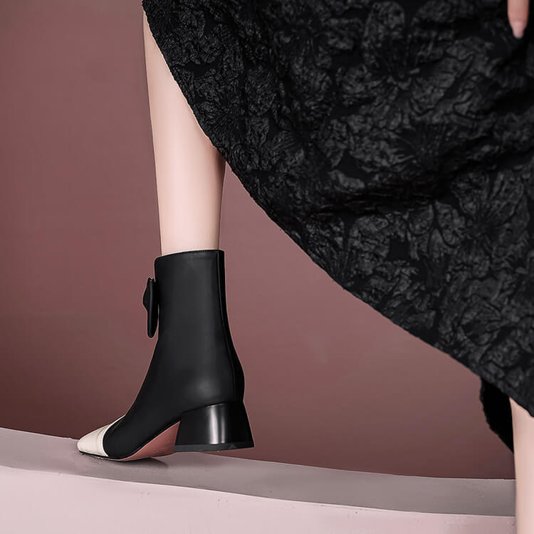 Women's Bow Detai Block Low Heel Ankle Boots Y2739 Boots Y2739