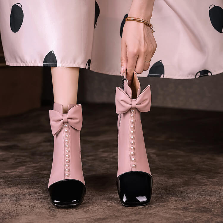 Women's Bow Detai Block Low Heel Ankle Boots Y2739 Boots Y2739
