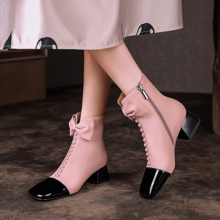 Women's Bow Detai Block Low Heel Ankle Boots Y2739 Boots Y2739