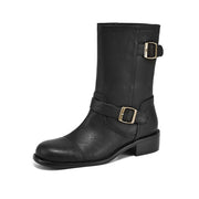 Isyou ibeauty Round Toe Leather Mid-Calf Boots Biker Boots Y2615 Boots Y2615 Black US5/EU34 Leather lining