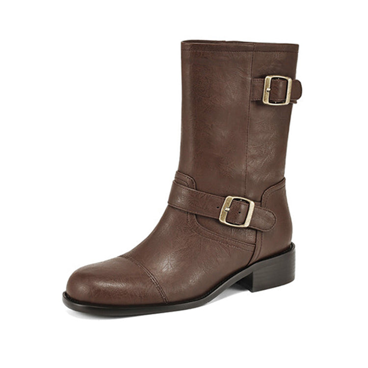 Isyou ibeauty Round Toe Leather Mid-Calf Boots Biker Boots Y2615 Boots Y2615 DarkBrown US5/EU34 Leather lining