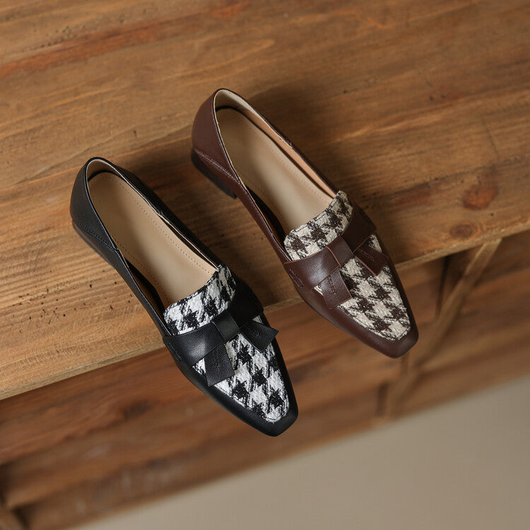Square Toe Houndstooth Low Heel Loafers with Bow Loafers Y2107