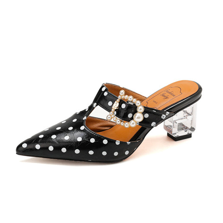 Polka Dot Lambskin Mules with Pearl Buckle & Sculptural Heel Y2818