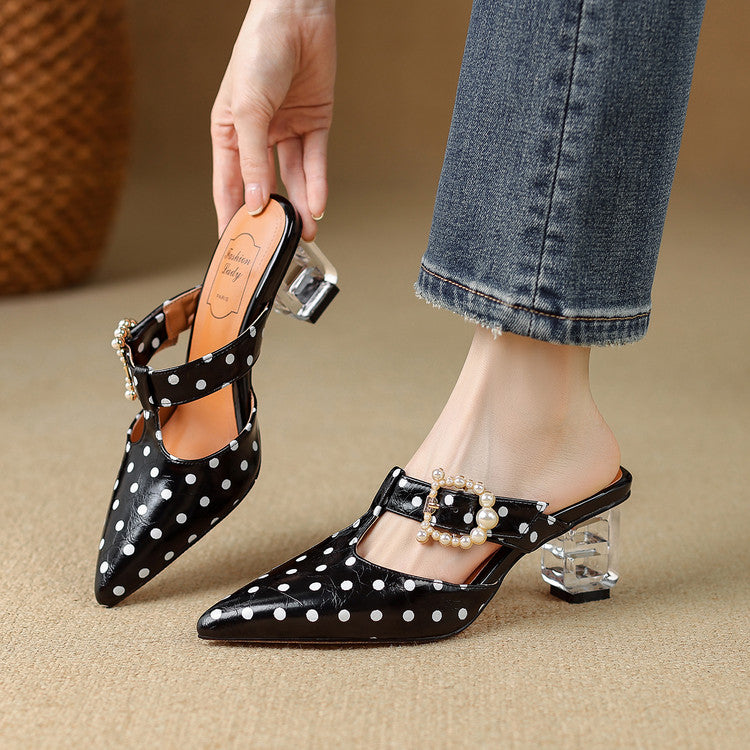 Polka Dot Lambskin Mules with Pearl Buckle & Sculptural Heel Y2818