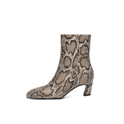 Isyou ibeauty Snake-Print Leather Square-Toe Ankle Boots Y2744 Boots Y2744