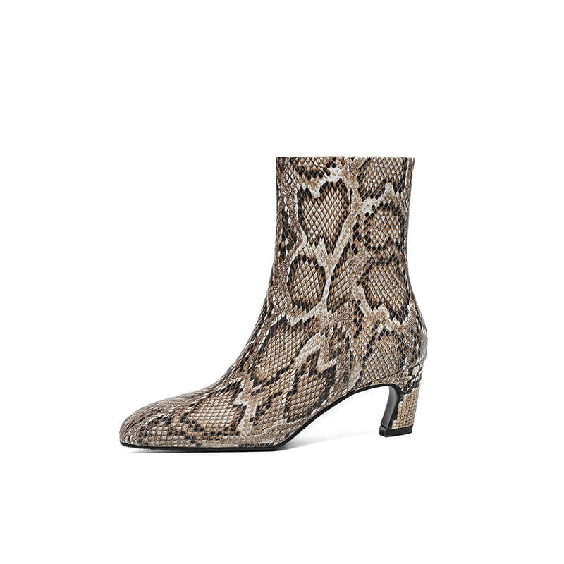 Isyou ibeauty Snake-Print Leather Square-Toe Ankle Boots Y2744 Boots Y2744
