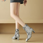 Isyou ibeauty Snake-Print Leather Square-Toe Ankle Boots Y2744 Boots Y2744