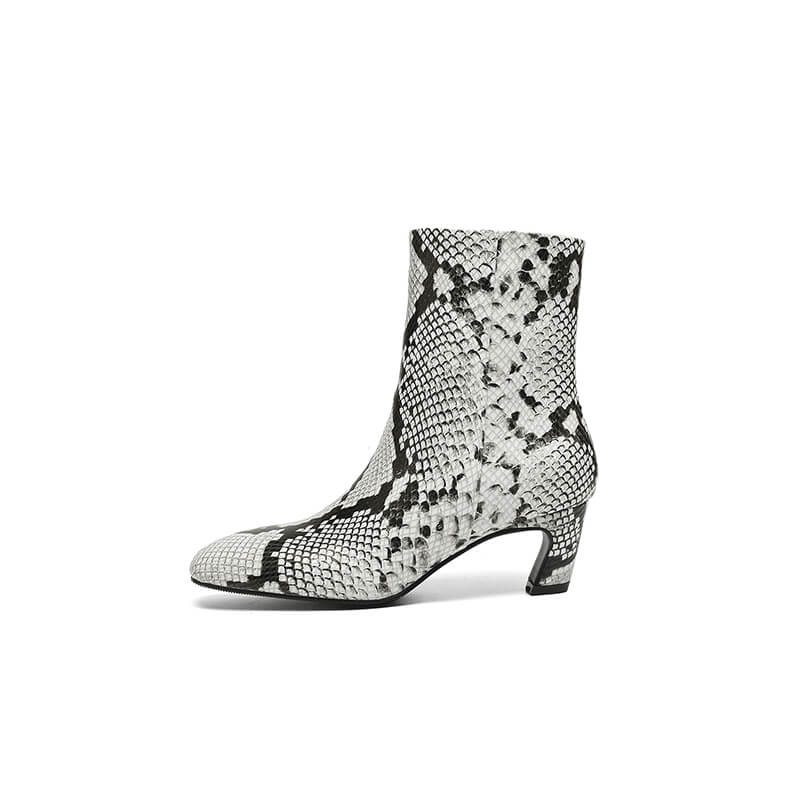 Isyou ibeauty Snake-Print Leather Square-Toe Ankle Boots Y2744 Boots Y2744