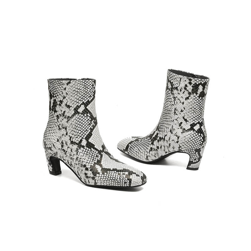 Isyou ibeauty Snake-Print Leather Square-Toe Ankle Boots Y2744 Boots Y2744