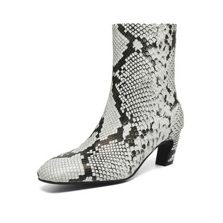 Isyou ibeauty Snake-Print Leather Square-Toe Ankle Boots Y2744 Boots Y2744 Black Leather lining US5/EU34