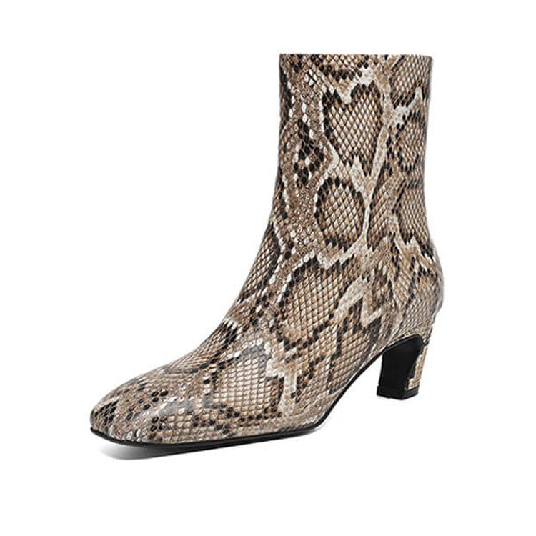 Isyou ibeauty Snake-Print Leather Square-Toe Ankle Boots Y2744 Boots Y2744 Brown Leather lining US5/EU34